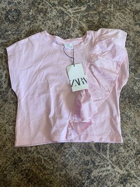 ZARA Light Pink Short Sleeve Tee with Ruffle Accent